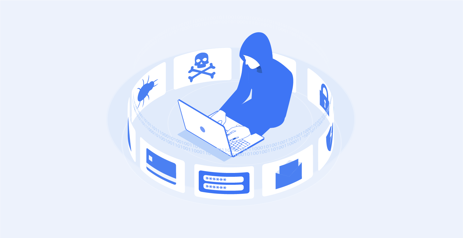 Simple blue graphic of hoodie hacker on a laptop surrounded by virtual cyber threats