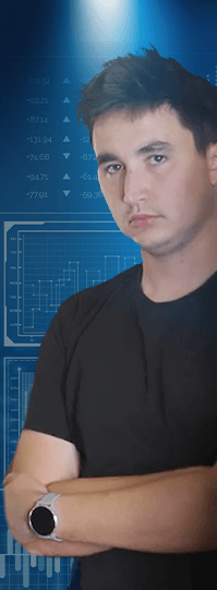 Person with folded arms against blue data chart background.