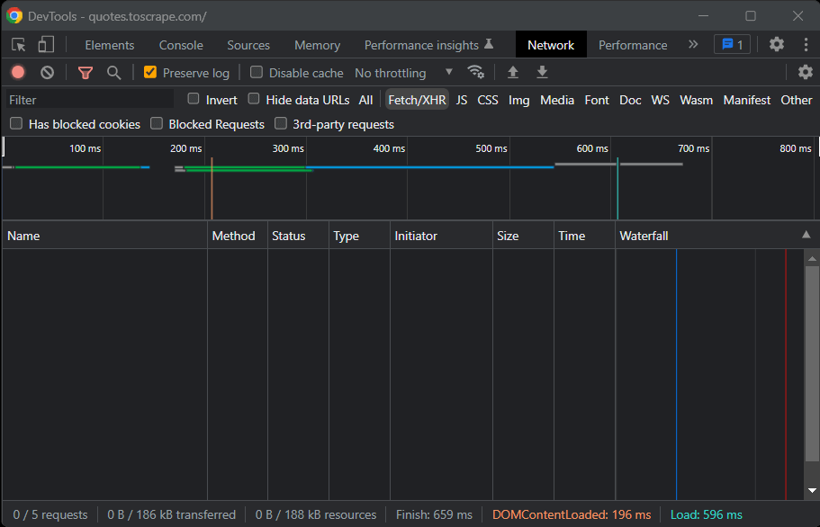 Network tab of the Chrome DevTools window
