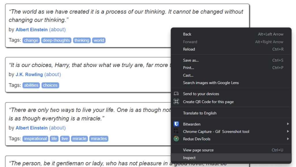 Selecting the Inspect option on the first quote HTML element