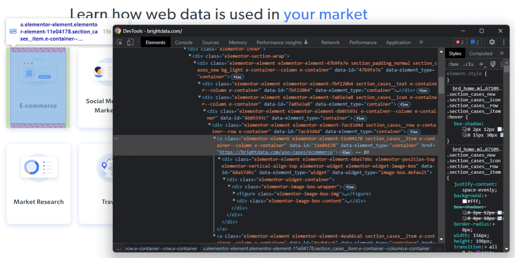 The DevTools window related to a target HTML element