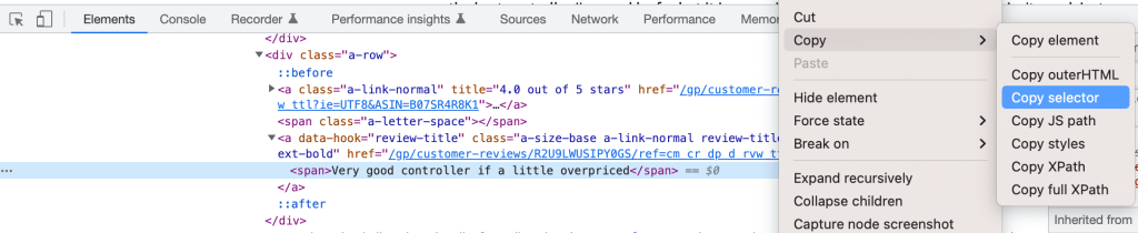 Kopieren des CSS-Selektors für ein Element in den Entwicklertools in Chrome

