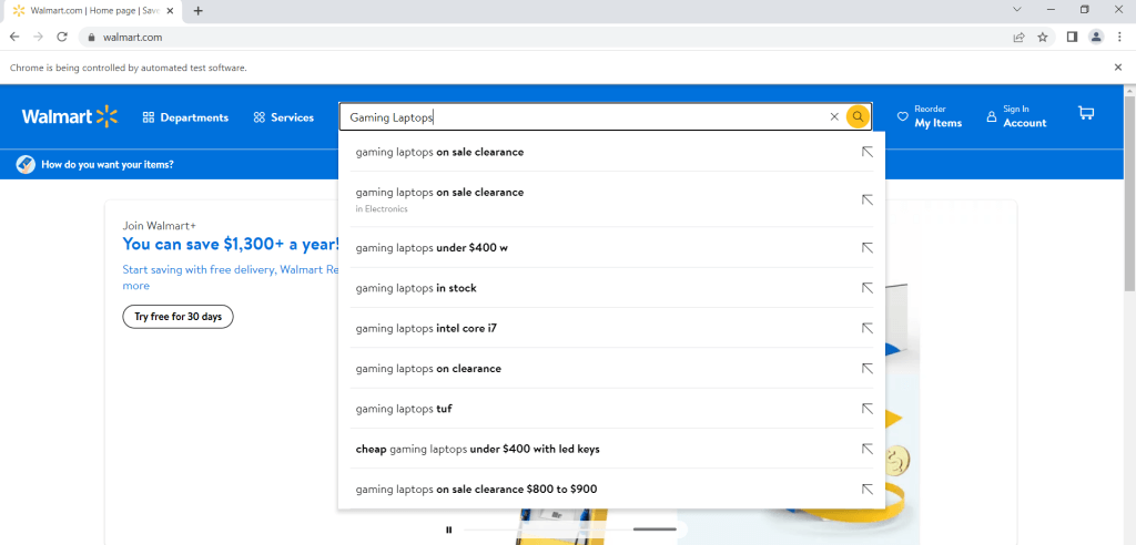 Inputting a search term into Walmart's search bar with Selenium