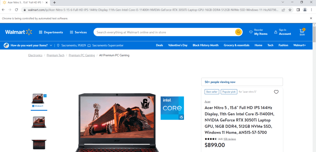 A Walmart product page accessed with Selenium