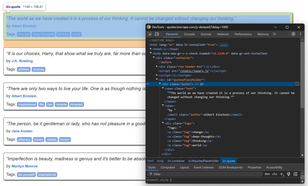 The DevTools section on the quote element