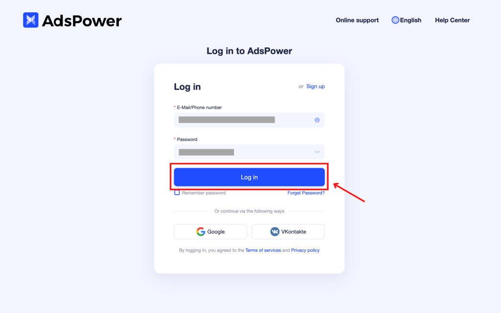 Anmeldung bei AdsPower