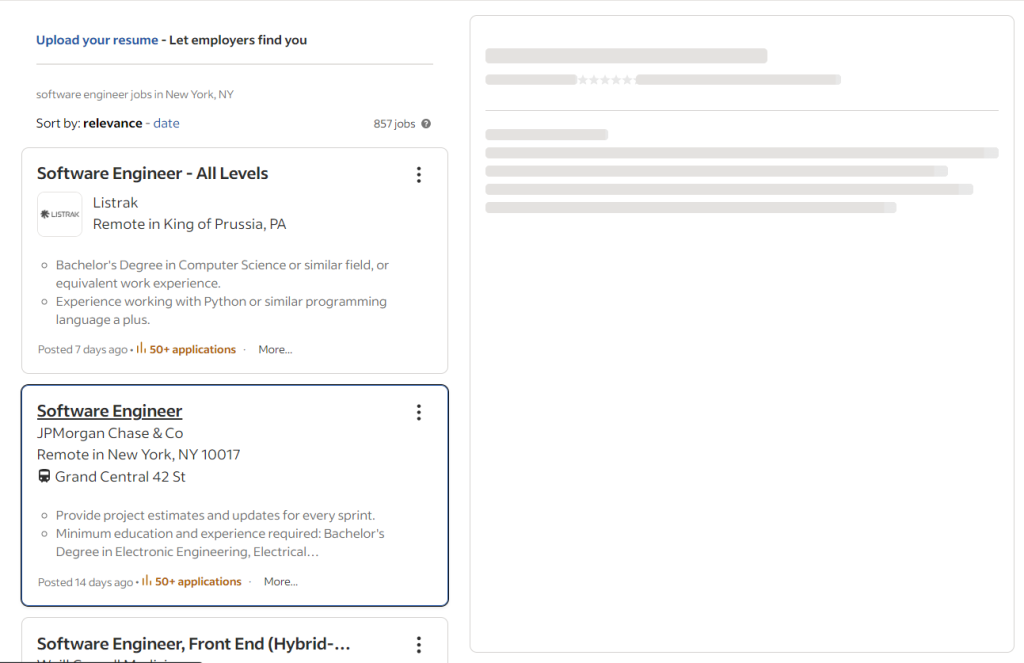 Animated placeholder on Indeed while loading job details after clicking an outline card