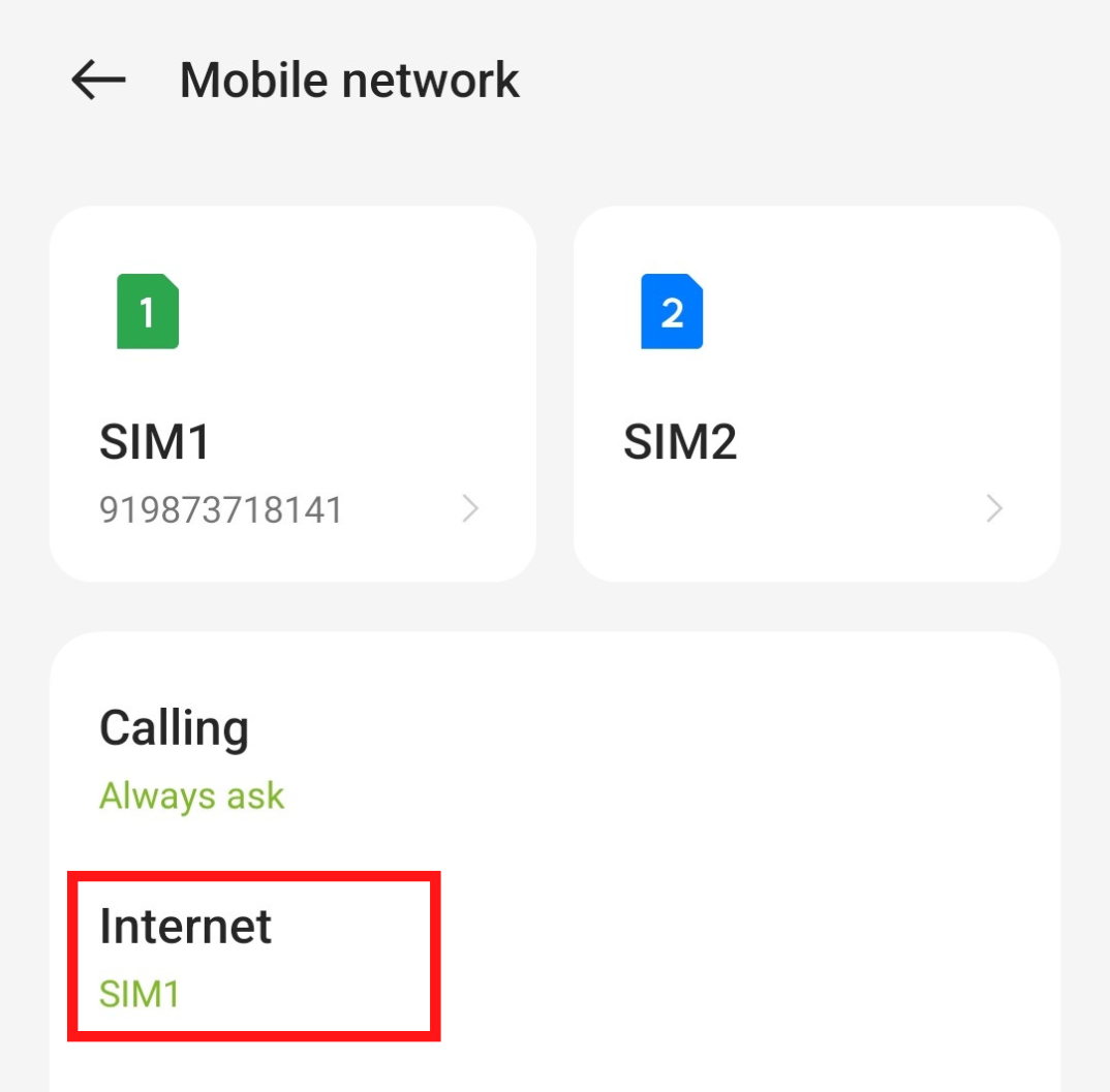 Mobile network settings screen displaying SIM1 and SIM2 options.
