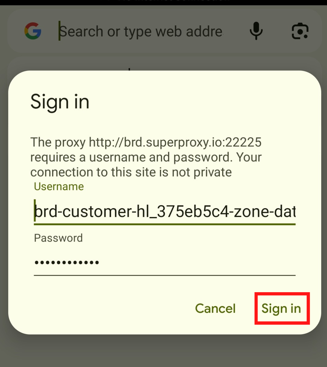 Sign in screen for proxy username and password.