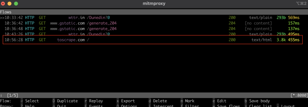 an interception of the call in the mitmproxy window