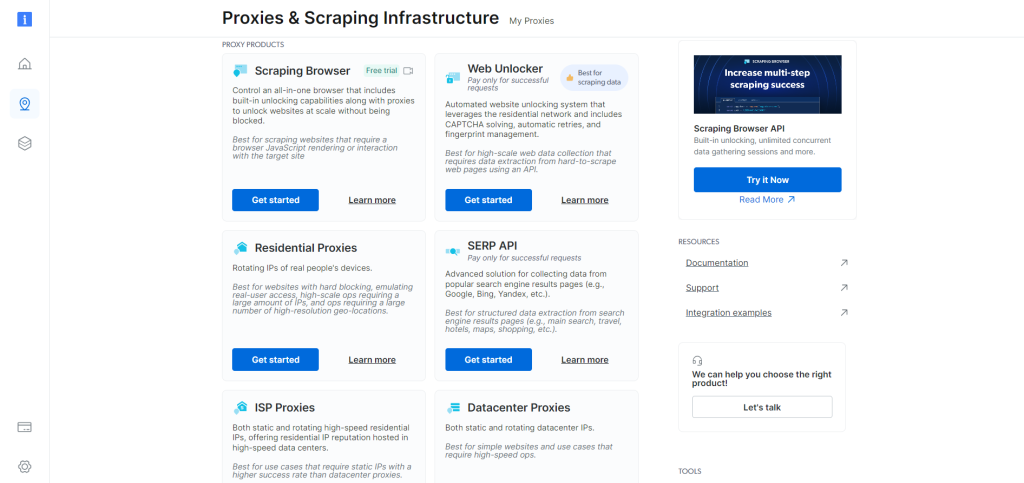 The proxies and scraping infrastructure services list on Bright Data's control panel