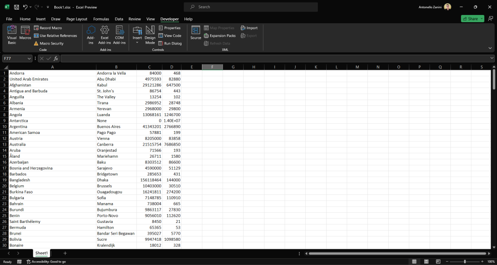 лист Excel с данными