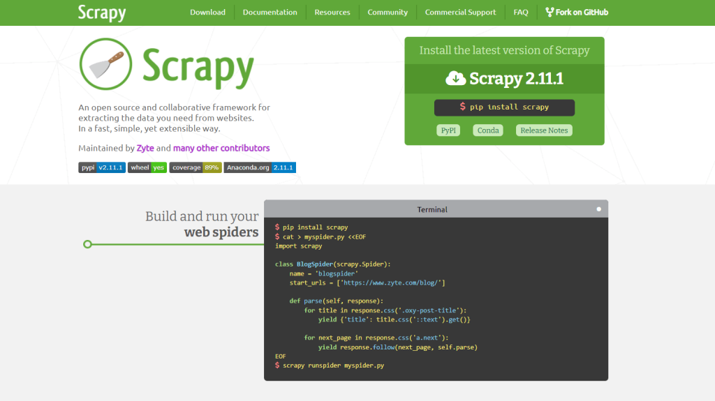 Startseite der Scrapy-Website