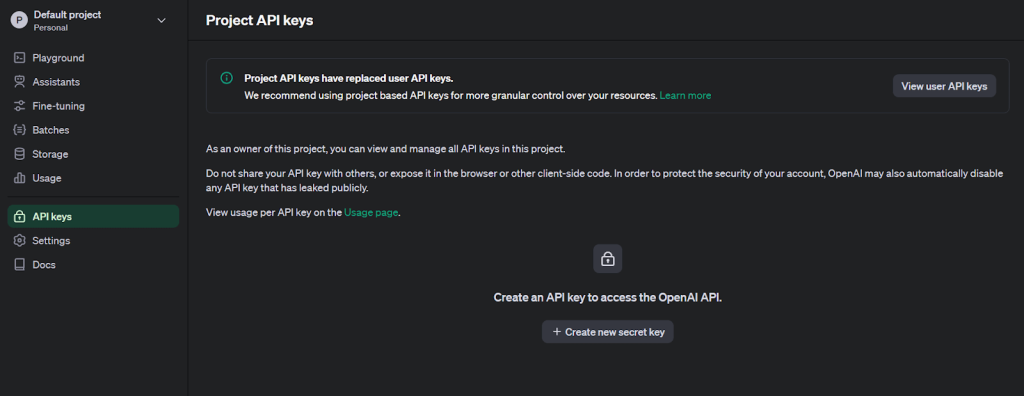 Accessing API keys in OpenAI's settings