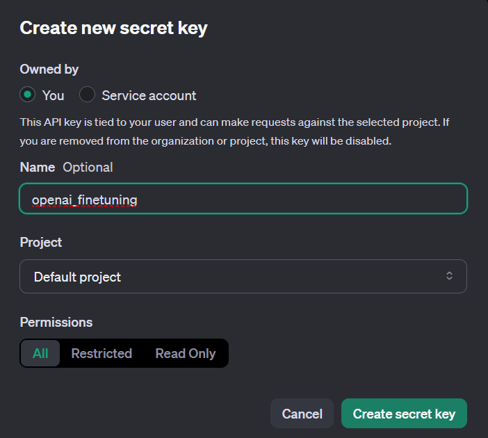 Generating a new API key on OpenAI