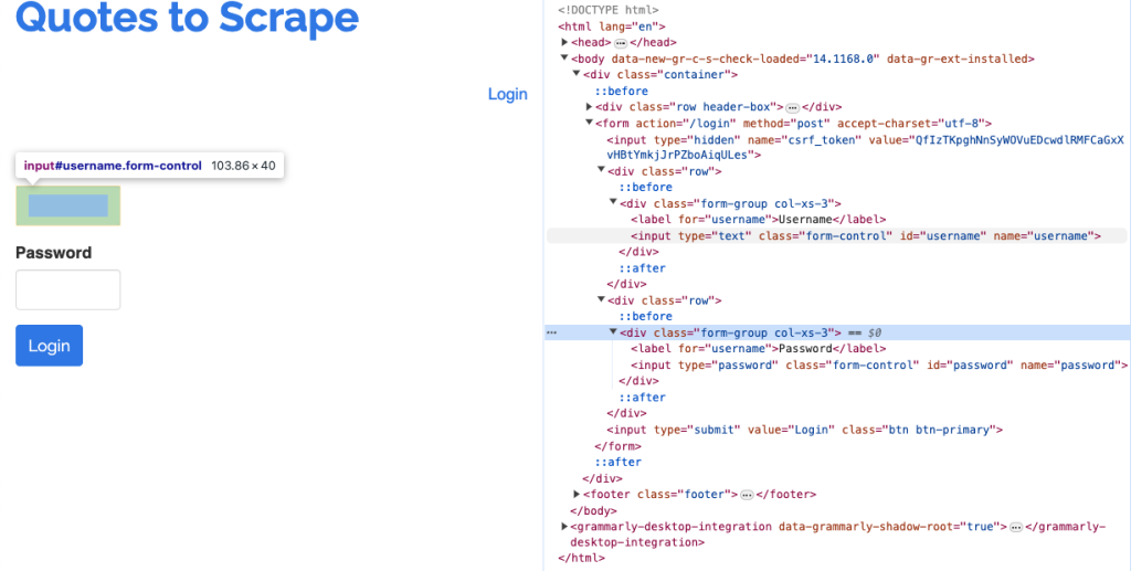 Inspecting the login page of the sandbox website
