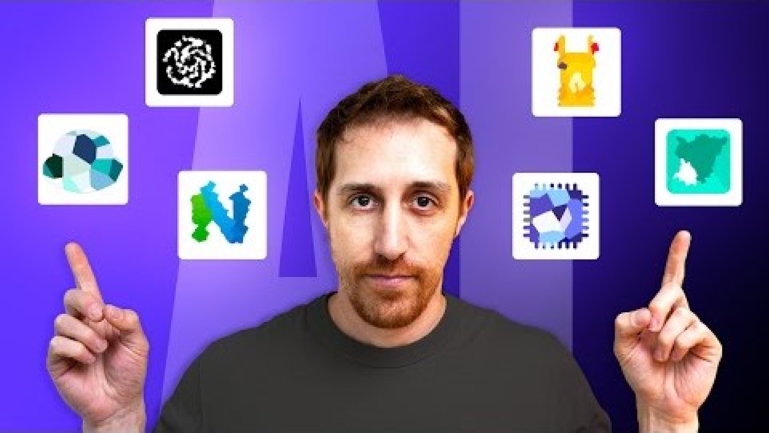 Man pointing at floating icons with both hands.