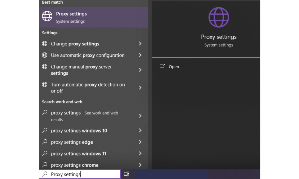 Searching for proxy settings in the search box