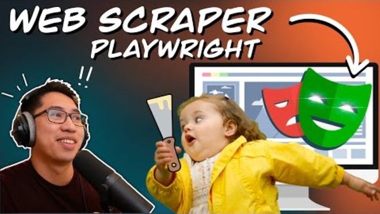 Web Scraper Playwright text with surprised child and headset.