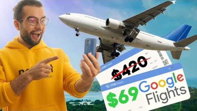 Excited man, airplane, discounted Google Flights ticket, $69 price.