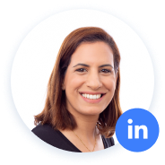 Smiling woman with LinkedIn logo in a circular frame.