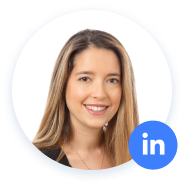 Woman smiling with LinkedIn icon.