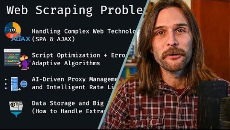 Person discussing web scraping challenges with presentation slides.
