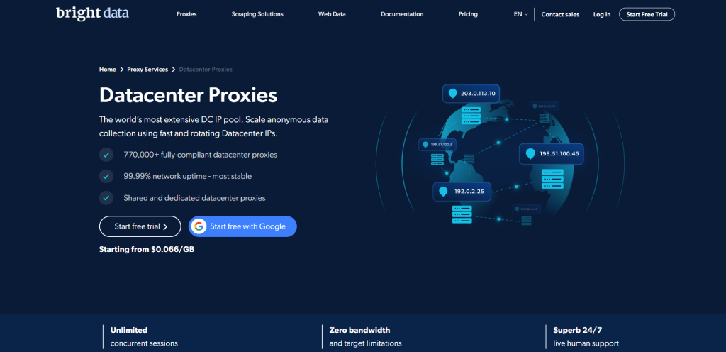 Página de proxies de centros de datos en el sitio web de Bright Data
