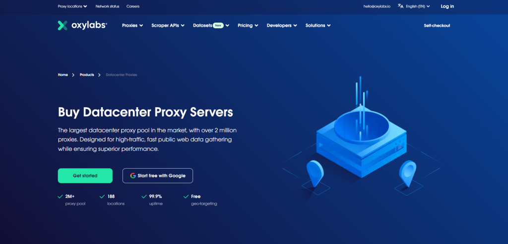 Datacenter Proxies page on Oxylab's website