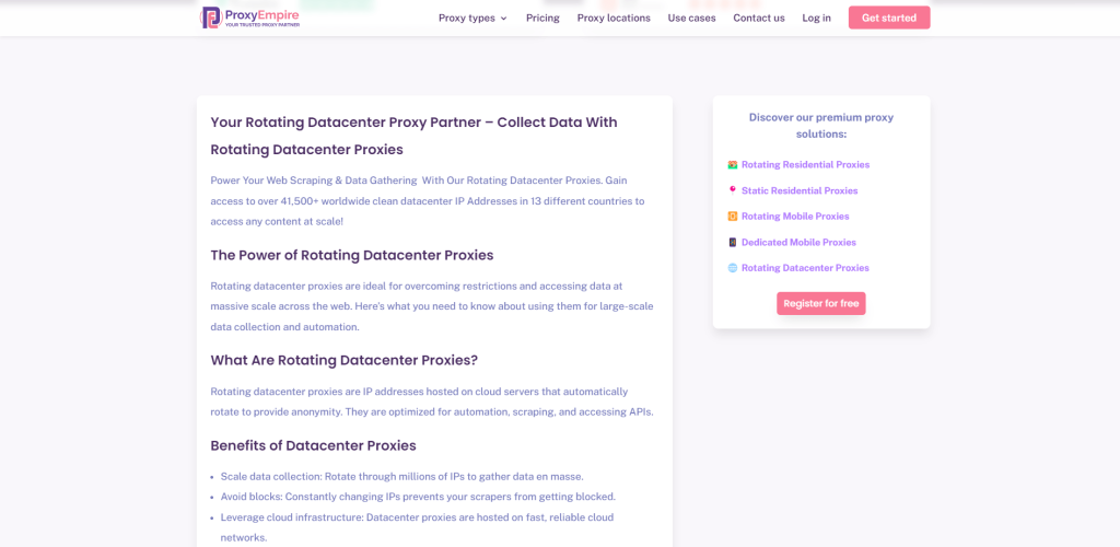 Página de proxies de centros de datos en el sitio web de ProxyEmpire