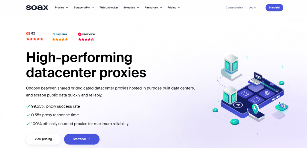 Página de proxies de centros de datos en el sitio web de SOAX