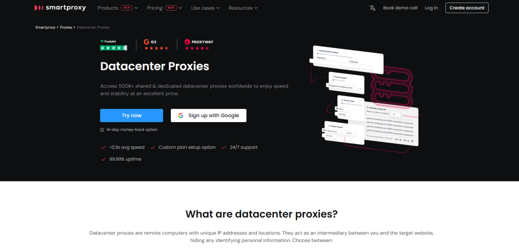 Page des proxies de centres de données sur le site Web de Smartproxy