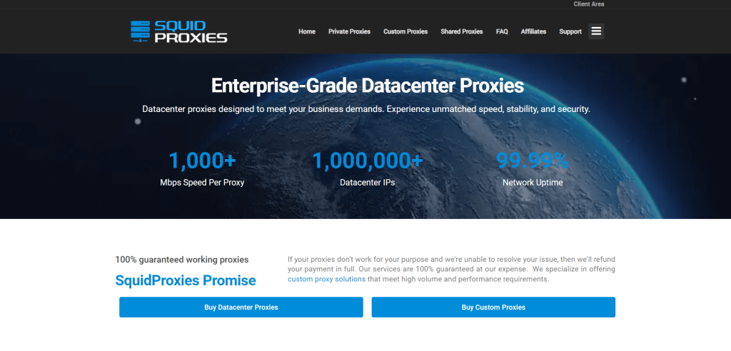 Datacenter Proxies page on SquidProxies's website