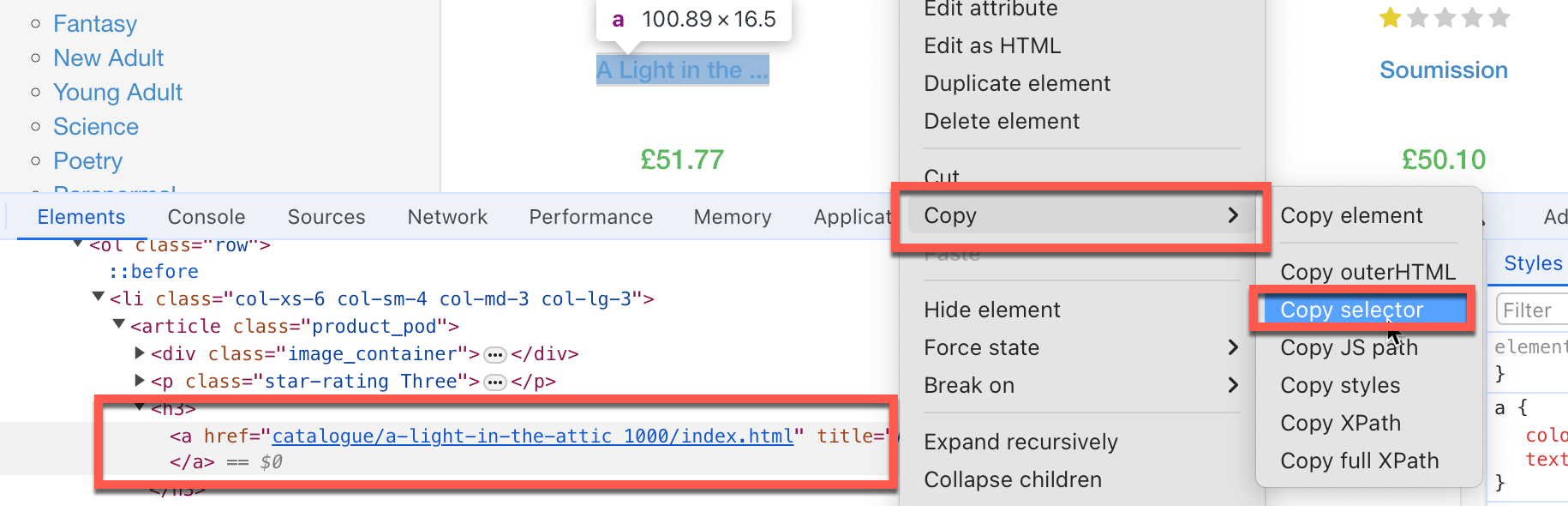 Copying a selector