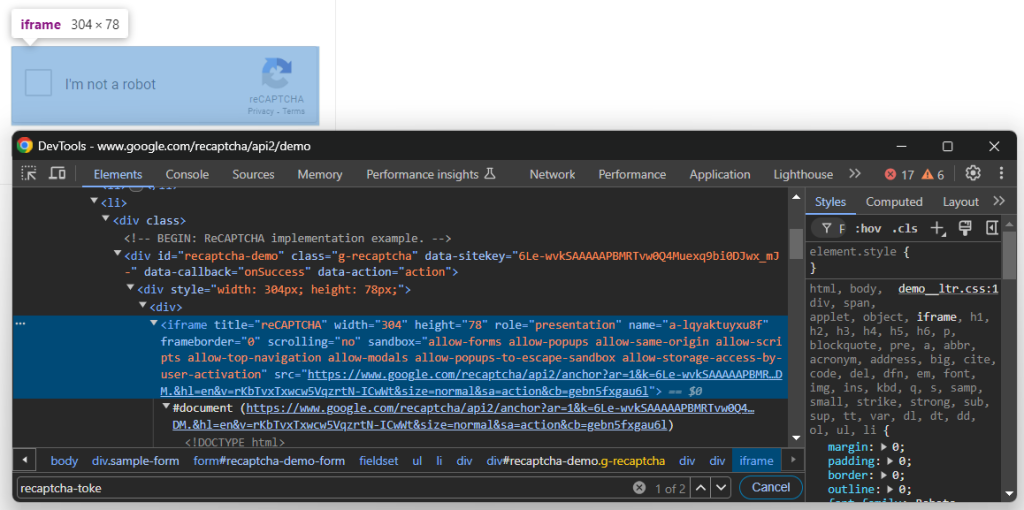 Inspecting the CAPTCHA element