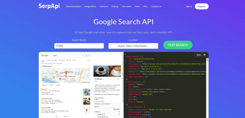 SerpApi's Google Search API page