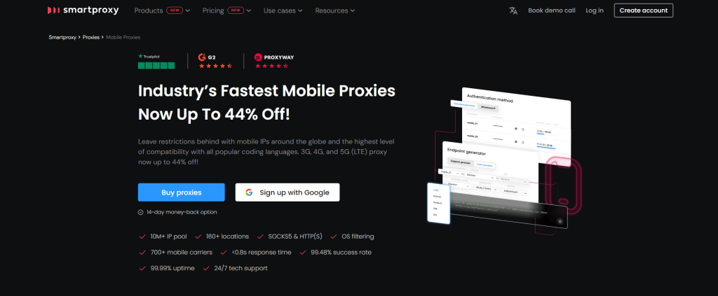 Smartproxy's mobile proxies page