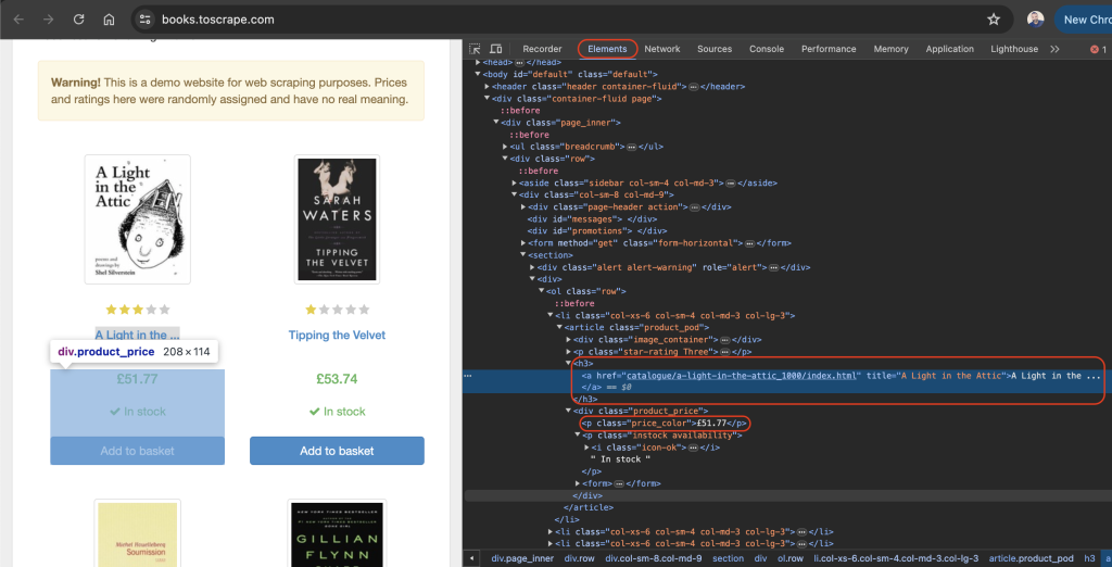 Inspect the HTML elements on the Books to Scrape website