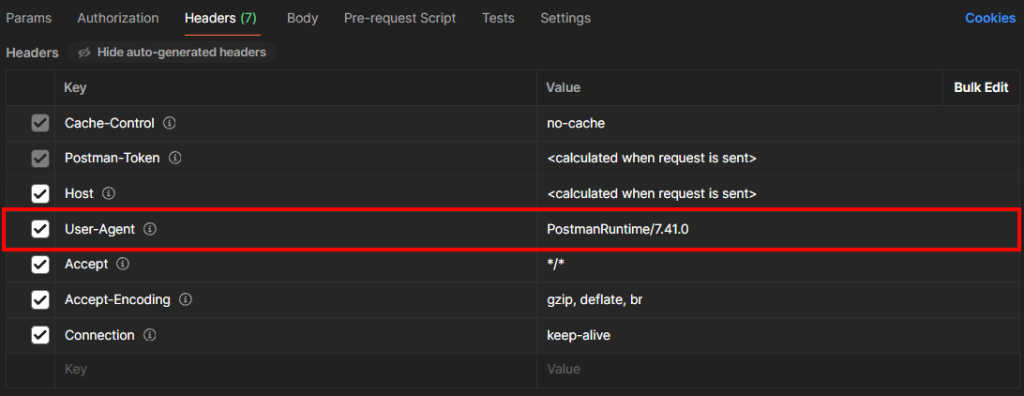 observe this behavior by examining the auto-generated Postman headers