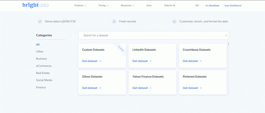 Available datasets on Bright Data