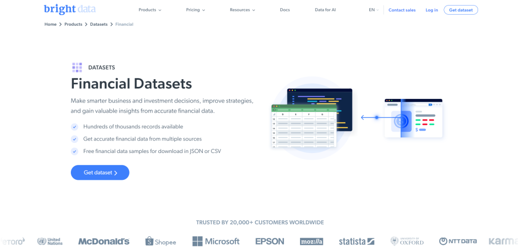 Page des ensembles de données financières de Bright Data