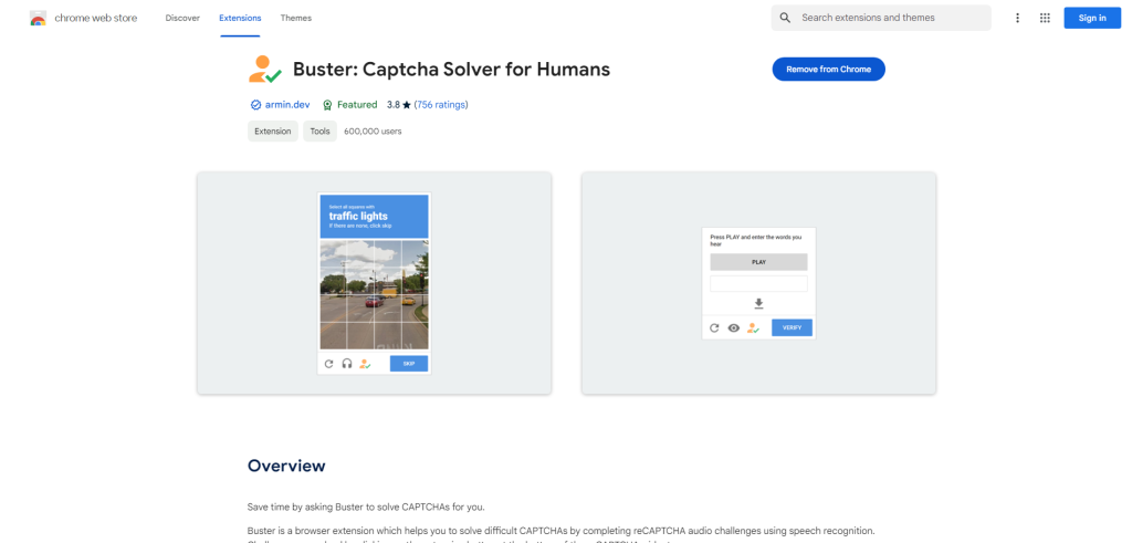 Buster captcha solving extension