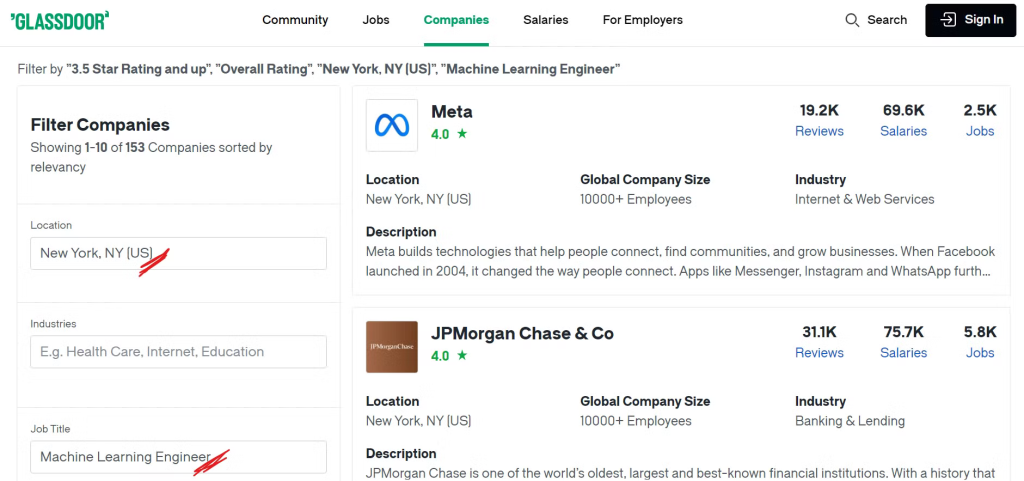 Glassdoor companies page