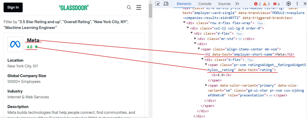 Inspecting the elements on the Glassdoor website