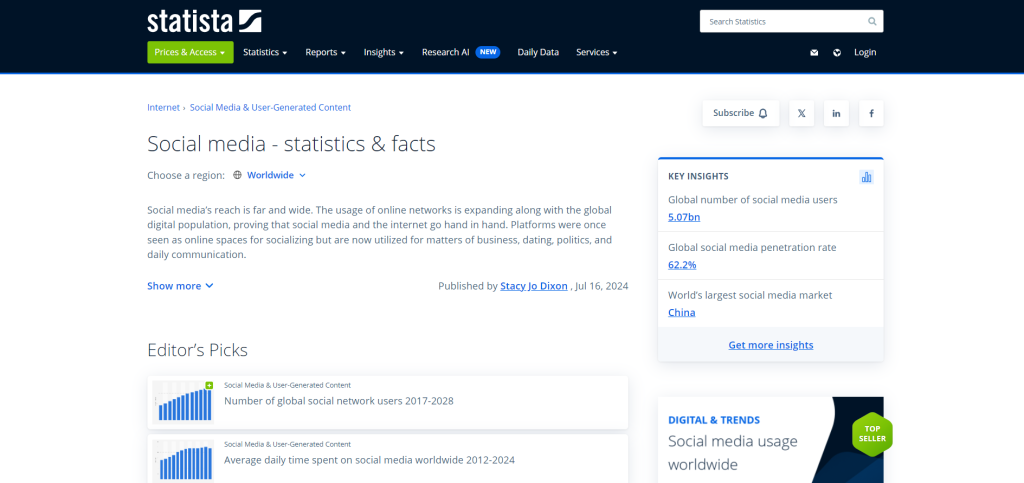 Social media stats on Statista