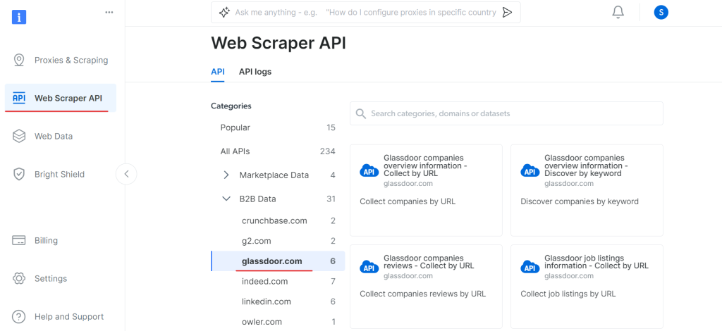 Web Scraper API on Bright Data's dashboard