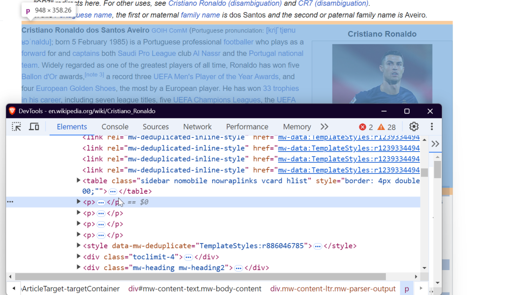 Inspecting paragraphs on a Wikipedia page