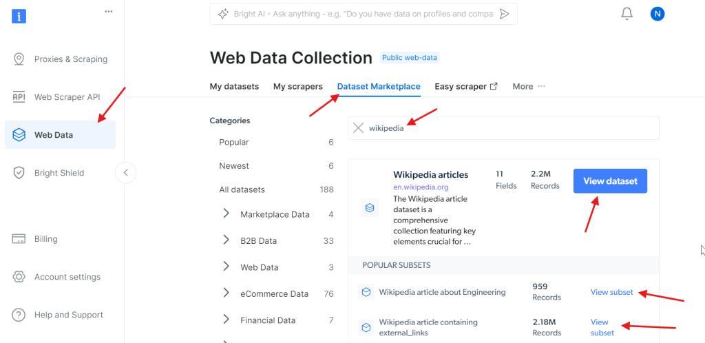 Wikipedia dataset search in Bright Data's control panel