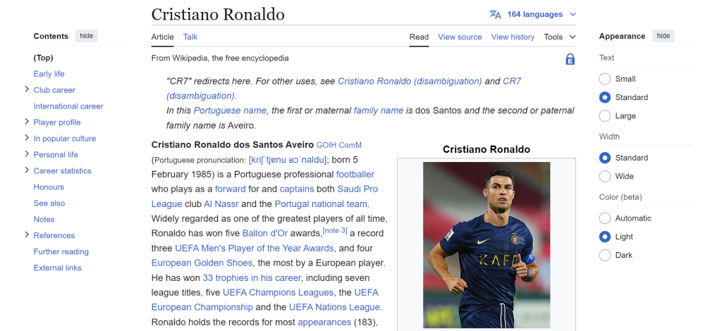 Cristiano Ronaldo's page on Wikipedia