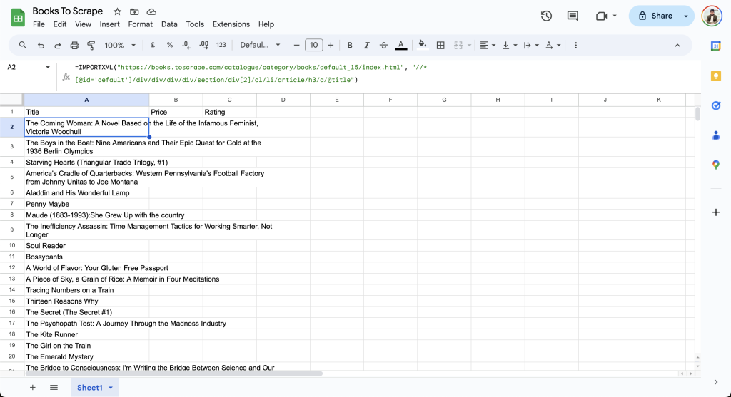 Import book title using `IMPORTXML` formula